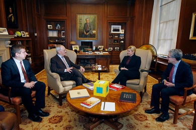 The president of Croatia, Kolinda Grabar-Kitarović, visited MIT on Monday, Dec. 4. From left: MIT physicist Marin Soljačić; MIT President L. Rafael Reif; Croatian president Kolinda Grabar-Kitarović; and the dean of the MIT School of Science, Michael Sipser. 
