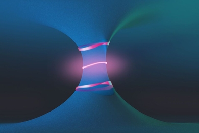 A drawing illustrates the unusual topological landscape around a pair of features known as exceptional points (red dots), showing the emergence of a Fermi arc (pink line at center), and exotic polarization contours that form a Mobius-strip-like texture (top and bottom strips).