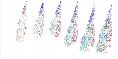 Various 3-D views of the basolateral amygdala show the arrangement of neurons that project to the nucleus accumbens (green), the hippocampus (blue), or the central amygdala (red).