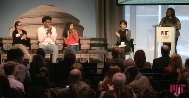 Four MIT students from the first "MIT and Slavery" class (21H.S01) presented well-researched information and narratives that shed new light on the history of science and technology in the U.S. (Left to right) Charlotte Minsky '20, Kelvin Green II '21, Mahi Elango '20, teaching assistant and PhD student Clare Kim, and, at the podium, Alaisha Alexander '18. 