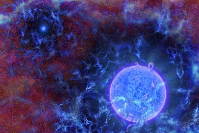 Artist's rendering of the universe's first, massive, blue stars in gaseous filaments, with the cosmic microwave background (CMB) at the edges. Using radio observations of the distant universe, NSF-funded researchers Judd Bowman of Arizona State University, Alan Rogers of MIT, and others discovered the influence of such early stars on primordial gas. The team inferred the stars' presence from dimmi...
