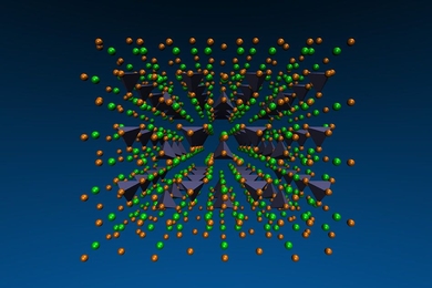 Diagram illustrates the crystal lattice of a proposed battery electrolyte material called Li3PO4. The researchers found that measuring how vibrations of sound move through the lattice could reveal how well ions – electrically charged atoms or molecules – could travel through the solid material, and therefore how they would work in a real battery. In this diagram, the purple pyramid-like shapes...