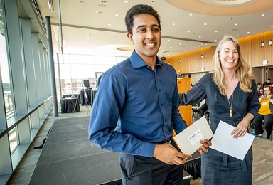 Grand prize winner of $15,000 at the annual MIT IDEAS Global Challenge showcase and awards ceremony went to Umbulizer, a team developing a low-cost, portable ventilator for patients in rural areas where medical resources are scarce and unreliable. Pictured is team member Moiz Imam, a senior in mechanical engineering at MIT, accepting the award from Kate Trimble, senior director of the Priscilla Ki...