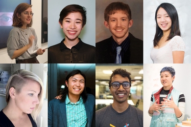 The eight 2018 MIT Fulbright Students are: (top, l-r) Emily Watlington, Caitlin Fischer, Luke Weisenbach, Julia Cha; (bottom, l-r) Jessica Varner, Andrew Xia, Skanda Koppula, Mary Tsang.