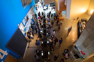 Students, faculty, staff, alumni, and industry representatives strolled along the Charles M. Vest Student Street in the Stata Center, viewing research results from 130 year-long SuperUROP projects.  