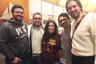 University of Puerto Rico students visiting MIT this spring were (l-r): Gabriel Colon-Reyes, Angel Astacio-Echevarria, Swanny Lamboy Rodriguez, Raul Mojica Soto-Albors, and Jean Carlos Vega-Diaz.