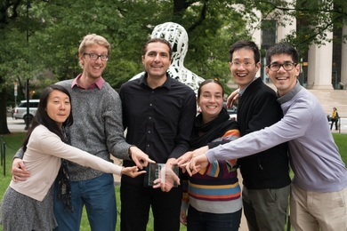 MIT European Club Board members celebrate with their prize. Left to right: treasurer Karine Ip Kiun Chong, Michel Nasilowski, president Giulio Alighieri, vice president Susanna Bächle, social chair Xiaoyu Wu, and events co-chair Saviz Mowlavi.