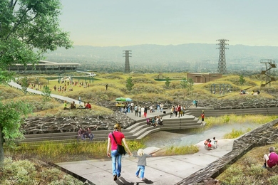 A rendering of Los Angeles depicts green space and wetlands as envisioned by the MIT team.