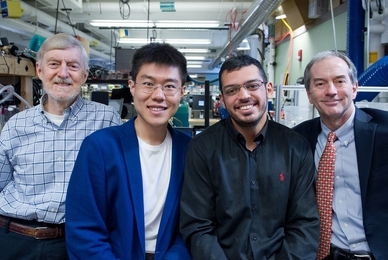 An MIT team performing fundamental studies of systems for cooling and dehumidifying indoor spaces includes (l-r): Professor Leslie Norford, graduate students Tianyi Chen and Omar Labban, and Professor John Lienhard. Chen and Labban began the work when they teamed up for an assignment in an advanced energy conversion class taught by Professor Ahmed Ghoniem (not pictured).