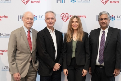 The leadership team for the Abdul Latif Jameel Clinic for Machine Learning in Health, or J-Clinic: (l-r) Institute Professor and Nobel laureate Philip Sharp; James Collins, the Termeer Professor of Medical Engineering and Science; Regina Barzilay, the Delta Electronics Professor of Electrical Engineering and Computer Science; and Anantha Chandrakasan, the Vannevar Bush Professor of Electrical Engi...