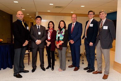 From left to right: Brian Anthony, principal research scientist at SENSE.nano, director of the Master of Engineering in Manufacturing Program, and co-director of the Medical Electronic Device Realization Center; Ricky Lai, Linda Tang, and Maggie Zhu, representing the Tang family; Martin A. Schmidt, MIT provost; Edward Cunningham PhD ’09; and Jesús de Álamo, director of the Microsystems Technol...