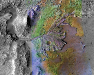 On ancient Mars, water carved channels and transported sediments to form fans and deltas within lake basins. Examination of spectral data acquired from orbit show that some of these sediments have minerals that indicate chemical alteration by water. In the Jezero Crater delta, sediments contain clays and carbonates. (This image combines information from two instruments on NASA's Mars Reconnaissanc...