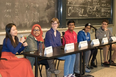 MIT students who are alumni of the prestigious Intel International Science and Engineering Fair speak about the impacts the contest had on their lives. Left to right: Ruiwen "Doris" Fu, Afeefah Khazi-Syed, Madison Sneve, Syamantak Payra, Shinjini Ghosh. Harvard University Associate Professor Scott Kominers (far right), a fellow ISEF alumnus, joined.
