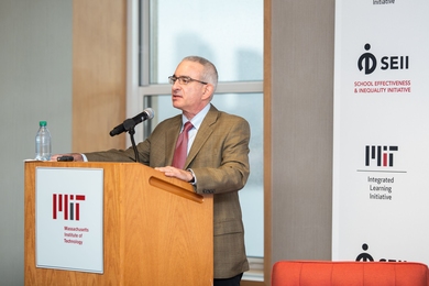 Joshua Angrist, co-director of the School Effectiveness and Inequality Initiative and the Ford Professor of Economics at MIT, speaks at this year's MIT School Access and Quality Summit.