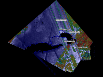 This lidar image shows how lake water has spilled over and washed out several large sections of roadway and train tracks in Boiling Spring Lakes, North Carolina.