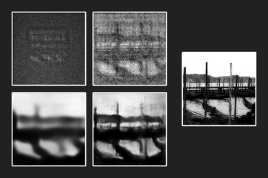 From an original transparent etching (far right), engineers produced a photograph in the dark (top left), then attempted to reconstruct the object using first a physics-based algorithm (top right), then a trained neural network (bottom left), before combining both the neural network with the physics-based algorithm to produce the clearest, most accurate reproduction (bottom right) of the original ...