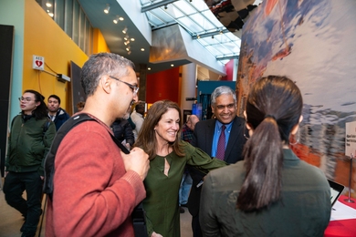 MIT Chancellor Cynthia Barnhart and Dean of Engineering Anantha Chandrakasan visited with MIT students in the Ray and Maria Stata Center yesterday during the Computing Exposition that kicked off a three-day celebration of the MIT Stephen A. Schwarzman College of Computing. 