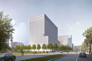 A view of the new U.S. DOT Volpe building as seen from Binney Street looking west.