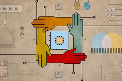 Illustration-four-hands-around-computer-chip