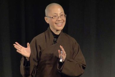 Buddhist Sister Dang Nghiem addresses an audience at MIT. “You don’t have to become monks and nuns to practice mindfulness, or to practice meditation," she said.
