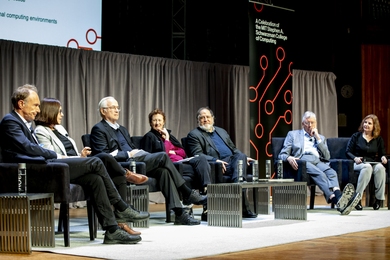 MIT A.M. Turing Award winners discuss MIT's new College of Computing: (l-r) Sir Tim Berners-Lee, Shafi Goldwasser, Butler Lampson, Barbara Liskov, Ronald Rivest, Michael Stonebraker, and Daniela Rus.  