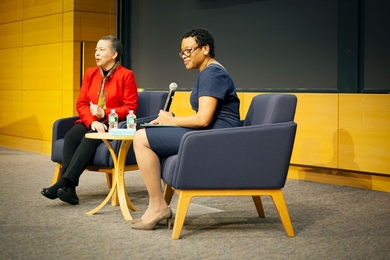 Beverly Daniel Tatum (left), president emerita of Spelman College, and Melissa Nobles (right), the Kenan Sahin Dean of the School of Humanities, Arts, and Social Sciences at MIT, discussed racial relations in the U.S., on April 18 at MIT.