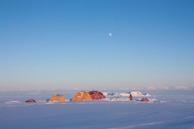 Ice core field camp on a clear spring evening, Disko Island Ice Cap, west Greenland. 