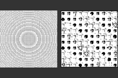 MIT mathematicians have developed a technique that quickly determines the ideal arrangement of millions of individual, microscopic features on a metasurface, to generate a flat lens that manipulates light in a specified way. The team designed a metasurface, at left, etched with millions of features. A zoomed-in image of the lens, right, shows individual features, each etched in a specific way so t...