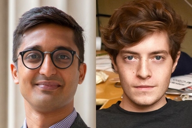 PhD candidates Sahil Shah (left) and Peter Godart, both of the Department of Mechanical Engineering, have each received fellowships from MIT’s Abdul Latif Jameel Water and Food Systems Lab for 2019-20. Their research explores possible solutions to global and local water supply challenges through new approaches to desalination.