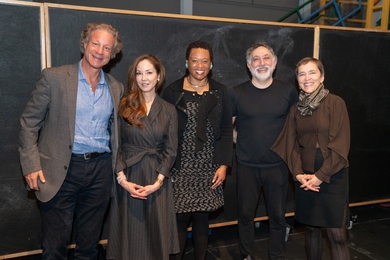 Left to right: David Fialkow; Nina Fialkow; Melissa Nobles, Kenan Sahin Dean of the MIT School of Humanities, Arts, and Social Sciences; Hashim Sarkis, dean of the MIT School of Architecture and Planning; and Caroline Jones, professor in the Department of Architecture and director of the Transmedia Storytelling Initiative