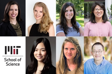 New faculty of the MIT School of Science: (clockwise from top left) Netta Engelhardt, Evelina Fedorenko, Erin Kara, Pulin Li, Morgan Sheng, Seychelle Vos, and Xiao Wang.