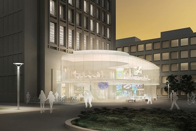 An artist’s rendering depicts the Green Building (Building 54), home to the MIT Department of Earth, Atmospheric and Planetary Sciences, with the planned Earth and Environment Pavilion.
