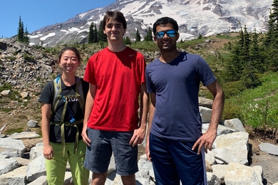 MIT PhD candidates Katie Hahm (left) and Nithin Reddy (right) hiked Skyline Trail in Mount Rainier National Park, Washington, this summer with a friend, Steven Viola. They both spent the summer interning at Amazon Robotics through the MechE Alliance's I2P Program and traveled to Amazon headquarters in Seattle. 