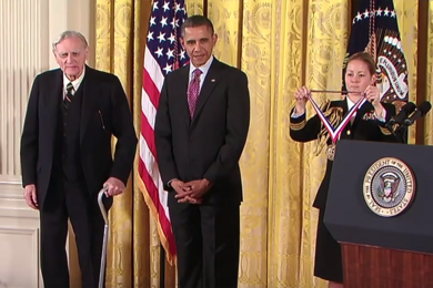 John Goodenough (left) received the National Medal of Science from U.S. President Barack Obama in 2011.