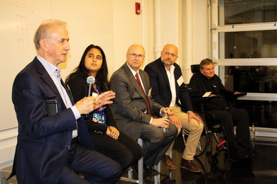 Left to right: Neville Hogan, Jaya Narain, Robert Bond, Dan Frey, and Sam Schmidt spoke as part of “Envisioning the Future of Technology-Enabled Mobility” at MIT.