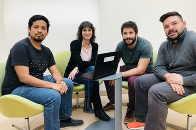 “We believe that AI plays a key role now, and in the future development of the region, if it’s used in the right way,” says Omar Costilla Reyes, one of four MIT graduate students working to help Latin America adopt artificial intelligence technologies. Pictured here (left to right) are Costilla Reyes, Emilia Simison, Pedro Antonio Colon-Hernandez, and Guillermo Bernal.
