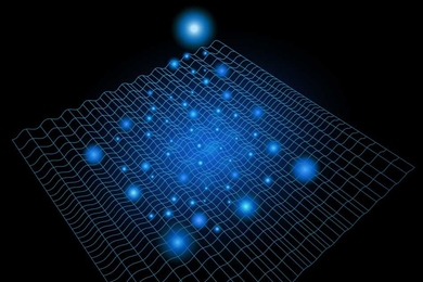 An artist's impression of a light-induced charge density wave (CDW). The wavy mesh represents distortions of the material’s lattice structure caused by the formation of CDWs. Glowing spheres represent photons. In the center, the original CDW is suppressed by a brief pulse of laser light, while a new CDW appears at right angles to the first.