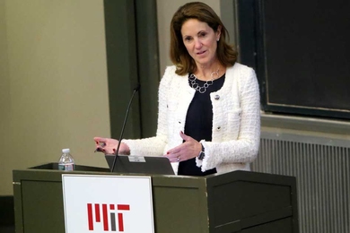 MIT Chancellor Cynthia Barnhart introduced the Community Forum on Preventing and Responding to Sexual Misconduct.