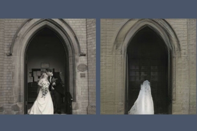 A new tool reveals what AI models leave out in recreating a scene. Here, a GAN, or generative adversarial network, has dropped the pair of newlyweds from its reconstruction (right) of the photo it was asked to draw (left). 