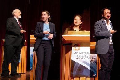 Eight distinguished researchers spoke at the 2019 Materials Day Symposium. Pictured here (l-r) are MIT professors Carl Thompson, Asu Ozdaglar, Elsa Olivetti, and Ju Li.