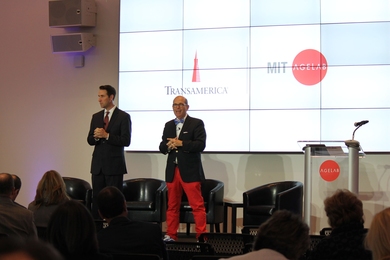 MIT AgeLab Director Joseph Coughlin (right) and Transamerica’s Brian Forbes provide remarks at a daylong MIT symposium on caregiving.