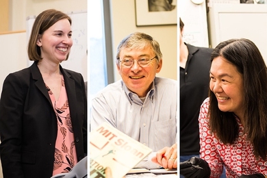 (Left to right:) Julie Shah, Thomas Kochan, and Evelyn Wang have been honored by their graduate students as “Committed to Caring” for their uncanny ability to keep things moving along, even when the going gets tough. 