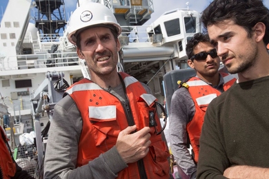 Professor Thomas Peacock (left) with graduate students Rohit Balasaheb Supekar (center) and Carlos Munoz Royo (right) aboard the RV Sally Ride.