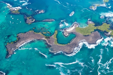 An aerial view of Las Tintoreras, Isla Isabela in the Galapagos Islands, Ecuador.