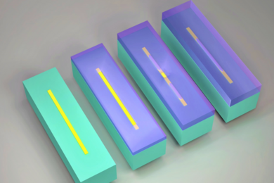 MIT researchers have discovered a method to predict and control the length of tunnels in solid germanium by laterally growing it over silicon oxide strips (shown in yellow) on top of silicon (green), depicted from left to right. Germanium, shown in purple, smoothly covers the silicon but forms voids and tunnels (lighter shade of purple) where germanium and silicon oxide meet. The voids and tunnels...