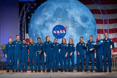 NASA's newest astronauts participate in a graduation ceremony at the Johnson Space Center in Houston. Left to right: NASA astronaut Jonny Kim, Canadian Space Agency (CSA) astronaut Joshua Kutryk, NASA astronaut Jessica Watkins, CSA astronaut Jennifer Sidey-Gibbons, NASA astronauts Frank Rubio, Kayla Barron, Jasmin Moghbeli, Loral O'Hara, Zena Cardman, Raja Chari, Matthew Dominick, Bob Hines, and W...