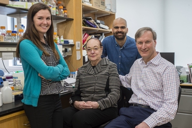 Brit d’Arbeloff and David Page (both seated) with Page lab postdoc Adrianna San Roman (left) and Sahin Naqvi PhD '19, a former Page lab grad student