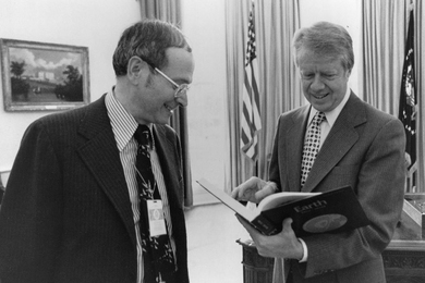 Frank Press (left) with former President Jimmy Carter. Press served as science adviser to four U.S. presidents, and is credited with major advances in geophysical research into the structure of the Earth’s interior, lunar and planetary science, earthquake seismology, and seismic wave propagation.
