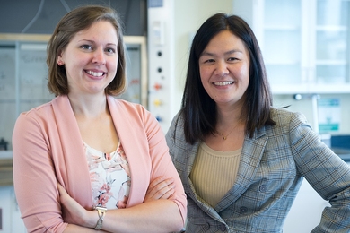 MIT Professor Evelyn Wang (right), graduate student Elise Strobach (left), and their colleagues have been performing theoretical and experimental studies of low-cost silica aerogels optimized to serve as a transparent heat barrier in specific devices.