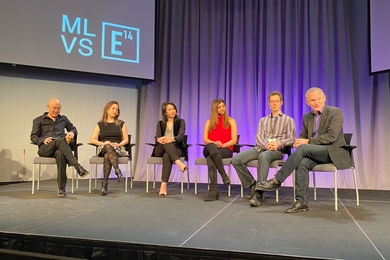 Left to right: Joe Chung (Redstar), Ayah Bdeir (littleBits), Nan-Wei Gong (Figur8), Rana El Kaliouby (Affectiva), Eran Egozy (Harmonix), and John Underkoffler (Oblong) participate in a panel discussion about their entrepreneurial paths out of the Media Lab.